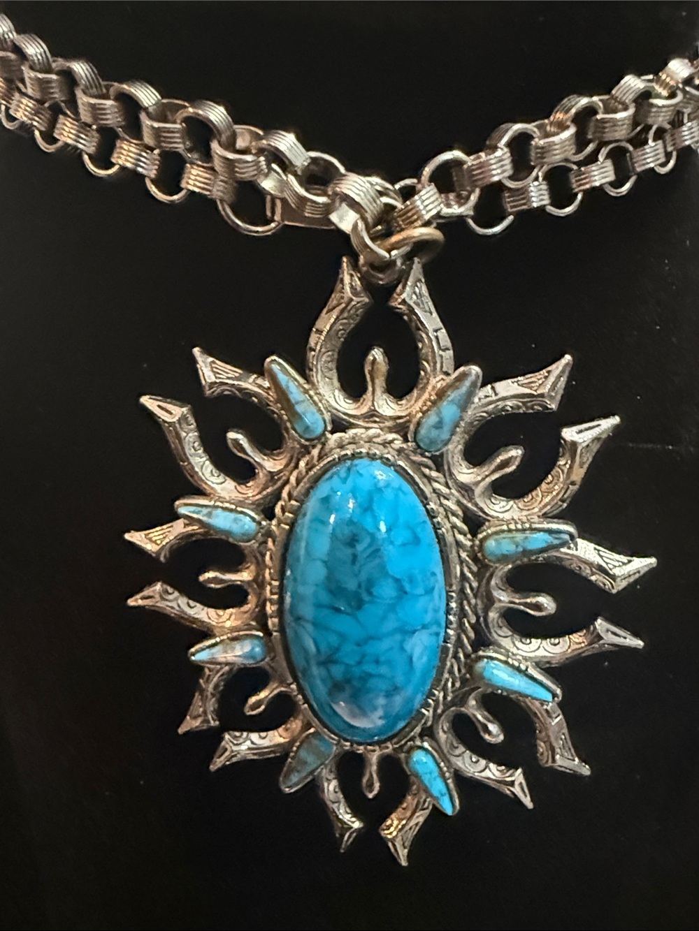 Vintage Signed ART Faux Turquoise Blossom Statement Necklace Silvertone Southwes